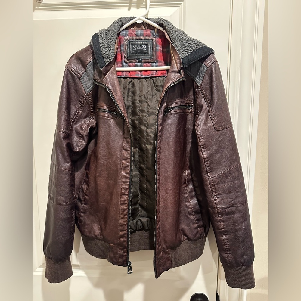 Men's Guess Motorcylce Leather Jacket with Hood - Medium